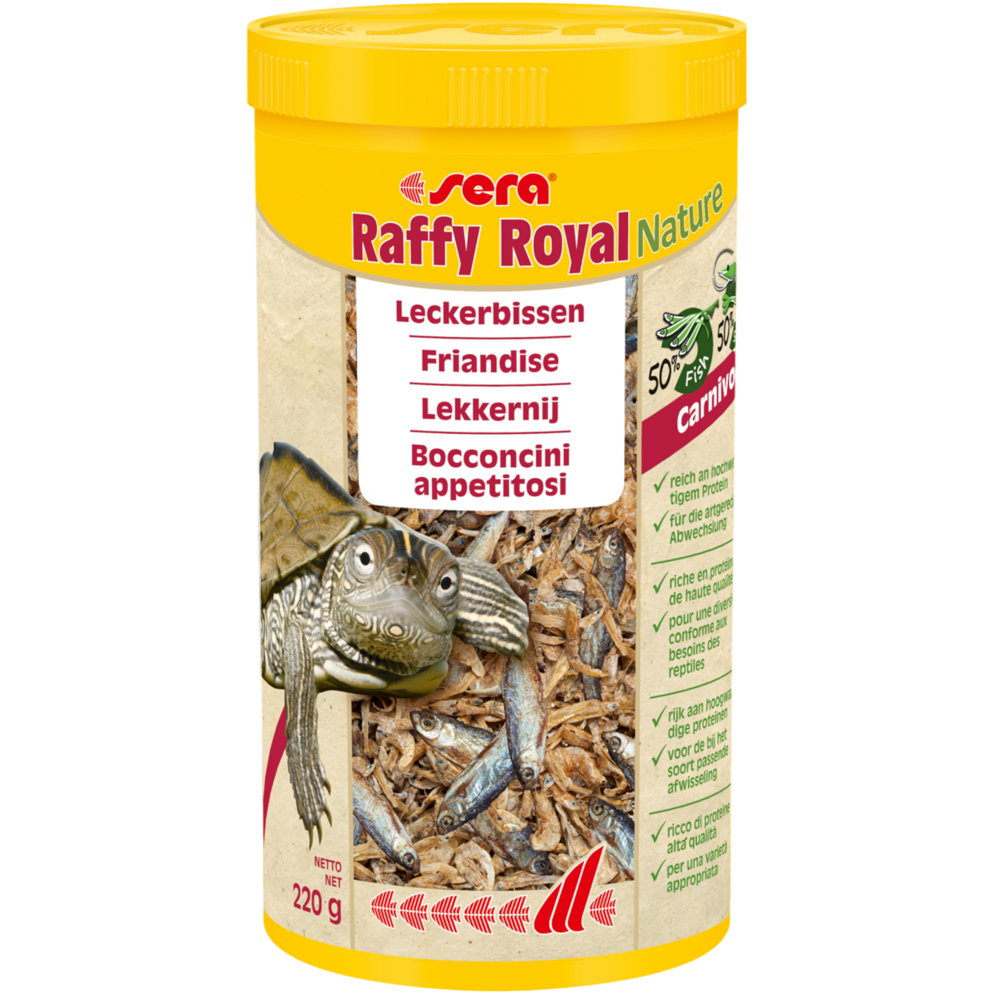 sera Raffy Royal Nature ist der Leckerbissen ohne Farb- und Konservierungsstoffe aus naturbelassenen, schonend getrockneten Fischen (50 %) und Garnelen (50 %). Es ist der besondere Snack für Wasserschildkröten sowie andere größere carnivore Reptilien, Amphibien und große räuberische Zierfische.