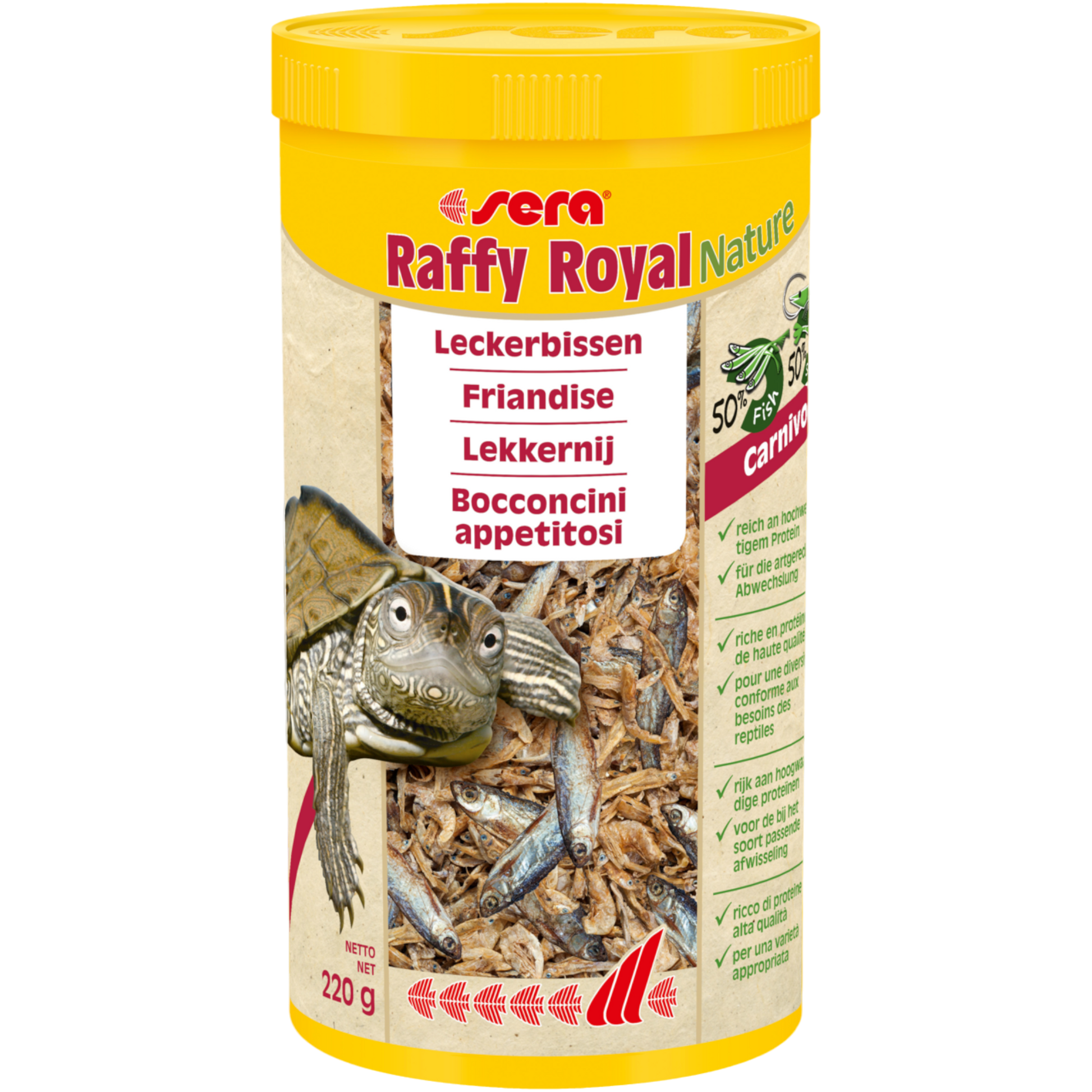 sera Raffy Royal Nature ist der Leckerbissen ohne Farb- und Konservierungsstoffe aus naturbelassenen, schonend getrockneten Fischen (50 %) und Garnelen (50 %). Es ist der besondere Snack für Wasserschildkröten sowie andere größere carnivore Reptilien, Amphibien und große räuberische Zierfische.