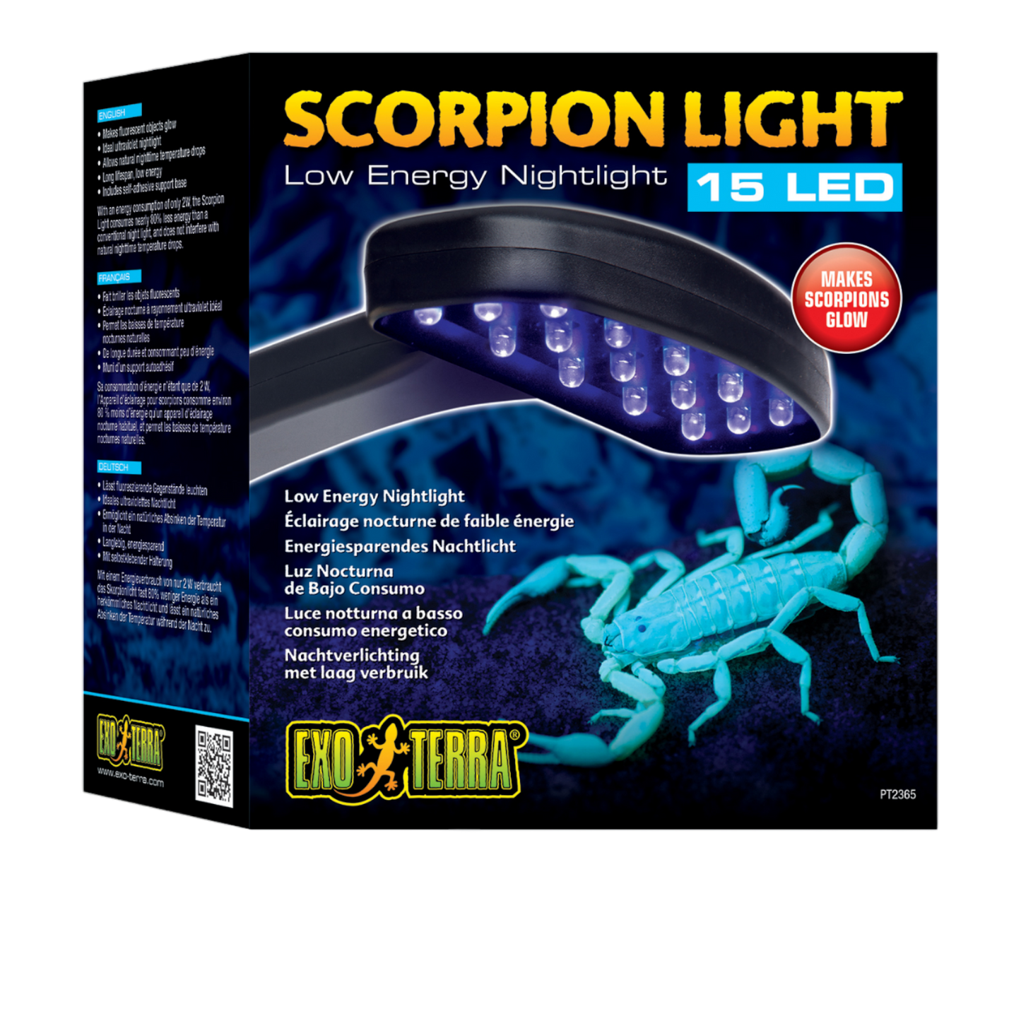  Exo Terra Skorpionlicht  verleiht der Haltung von Wirbellosen eine ganz neue Dimension. Das Skorpionlicht strahlt ein weiches ultraviolettes Licht aus, das den UV-Strahlen ähnelt, die von der Oberfläche des Mondes reflektiert werden.