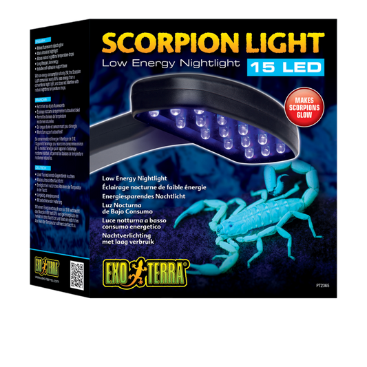  Exo Terra Skorpionlicht  verleiht der Haltung von Wirbellosen eine ganz neue Dimension. Das Skorpionlicht strahlt ein weiches ultraviolettes Licht aus, das den UV-Strahlen ähnelt, die von der Oberfläche des Mondes reflektiert werden.