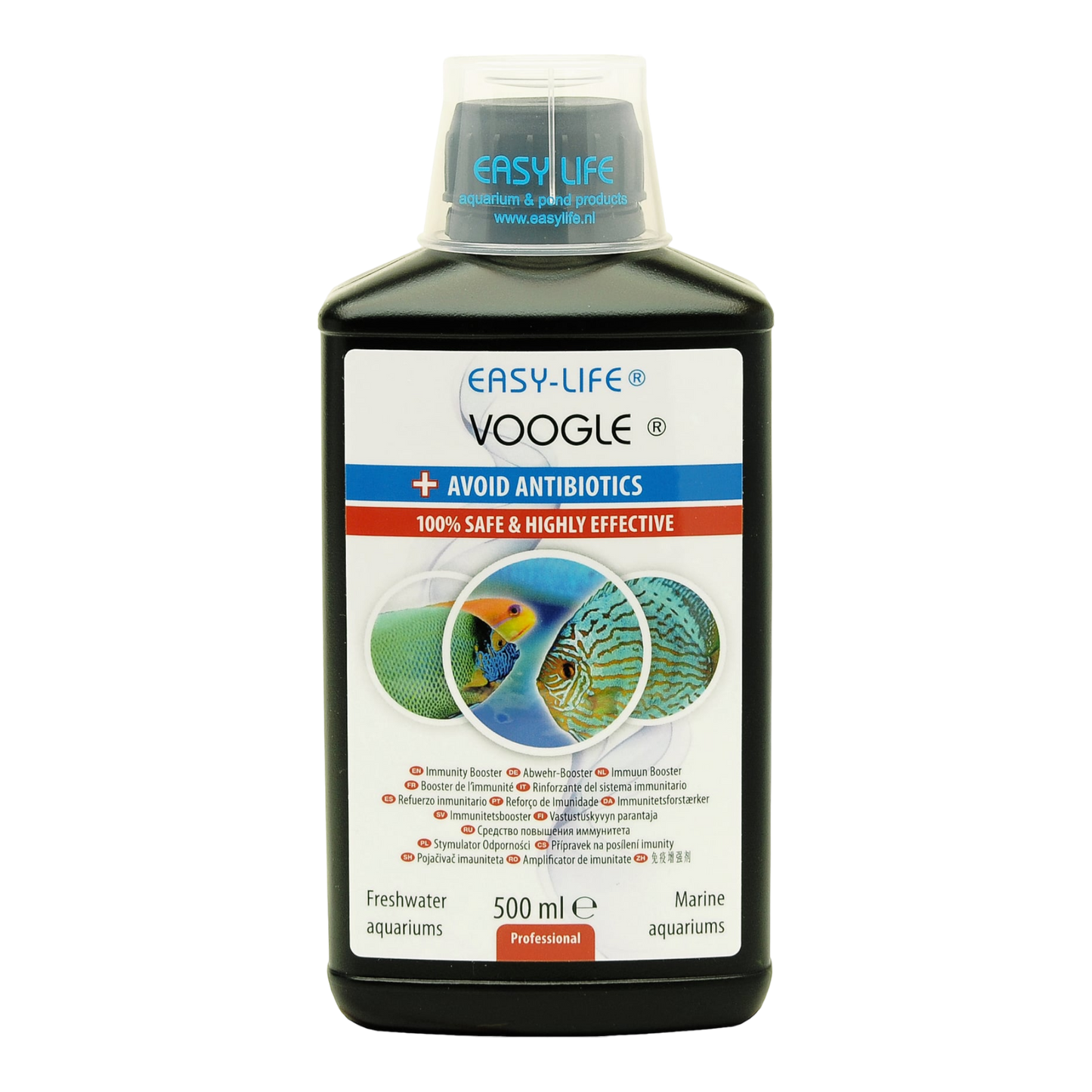 Voogle ist ein innovatives Mittel  das die Gesundheit von Fischen unterstützt und das Immunsystem stärkt. Die Verwendung von Voogle beschränkt die Anwendung von Antibiotika auf ein Minimum. Das natürliche Immunsystem wird angeregt, und damit sind die Fische in der Lage, sich selbst besser gegen Krankheiten zu schützen.