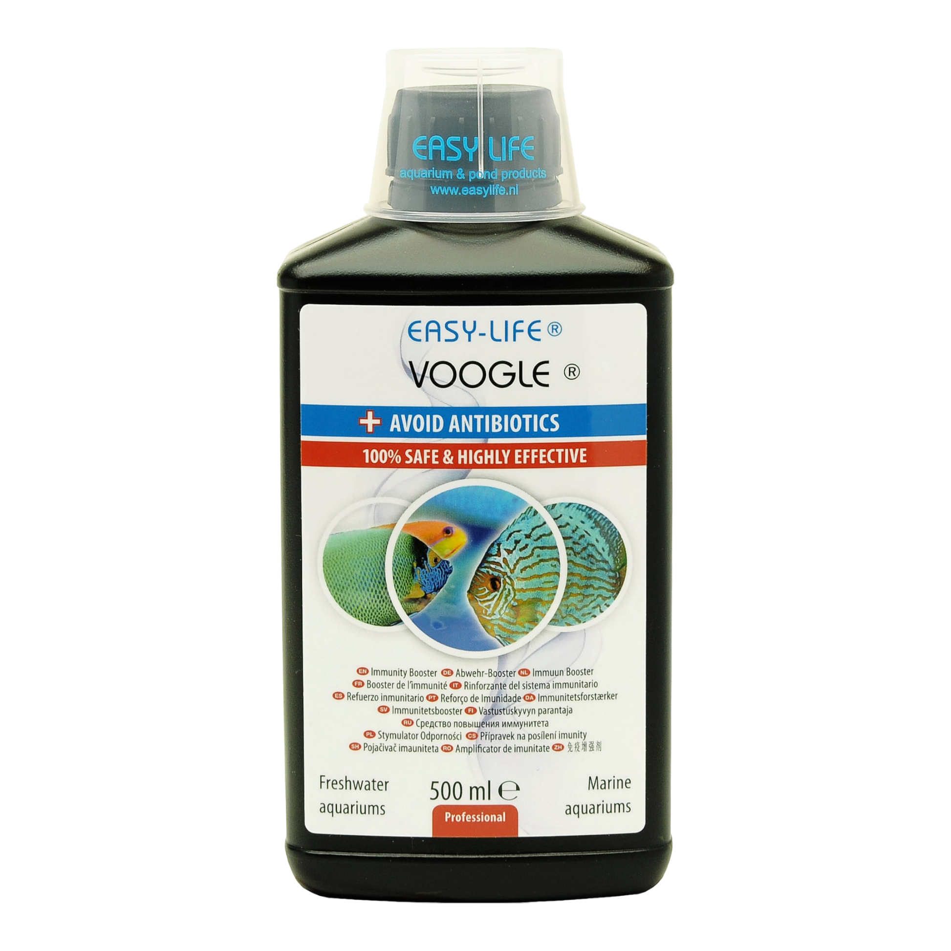 Voogle ist ein innovatives Mittel  das die Gesundheit von Fischen unterstützt und das Immunsystem stärkt. Die Verwendung von Voogle beschränkt die Anwendung von Antibiotika auf ein Minimum. Das natürliche Immunsystem wird angeregt, und damit sind die Fische in der Lage, sich selbst besser gegen Krankheiten zu schützen.