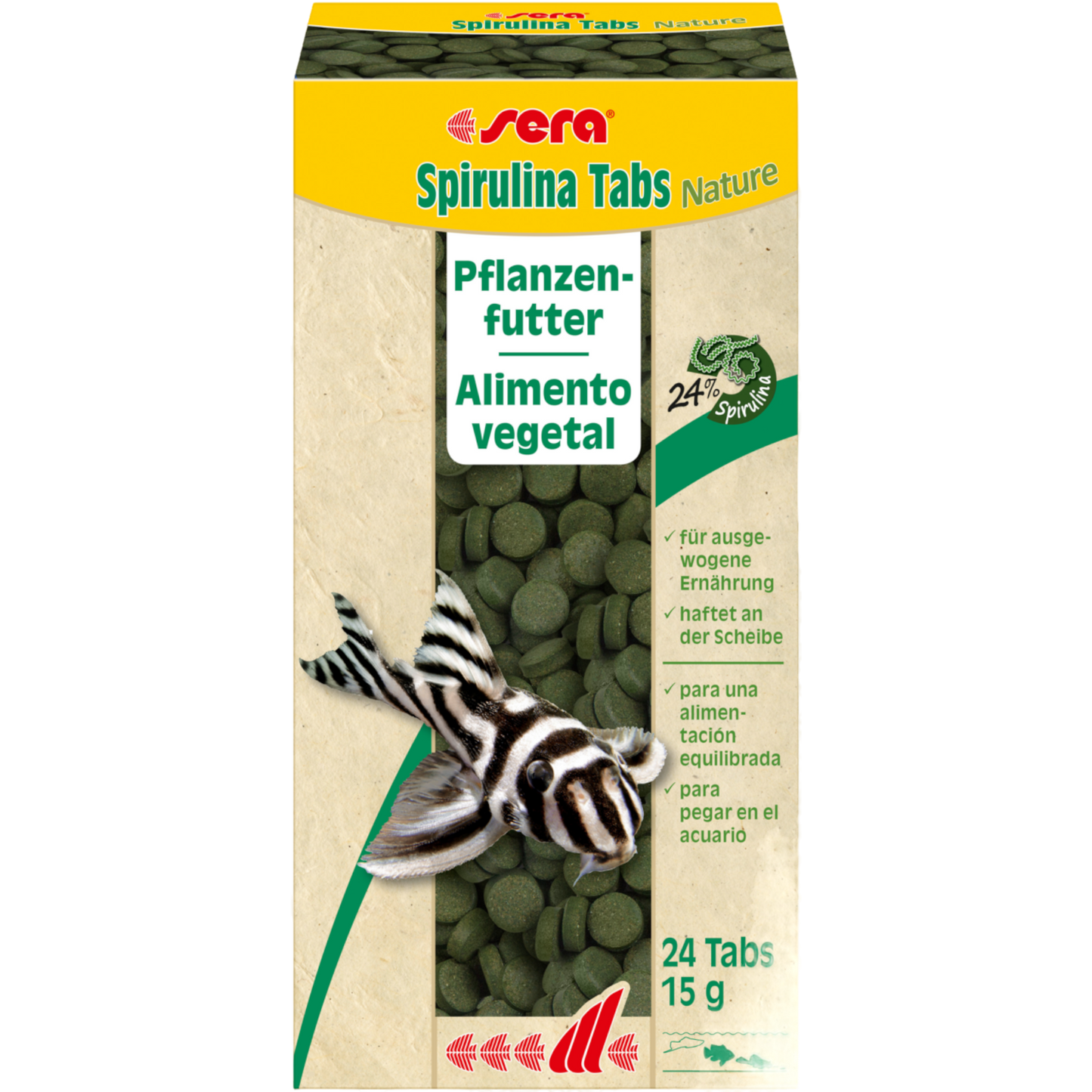 sera Spirulina Tabs Nature ist das Pflanzenfutter aus Hafttabletten, das ohne Farb- und Konservierungsstoffe auskommt. Es eignet sich hervorragend für vorwiegend herbivore Fische und Wirbellose im Süß- und Meerwasser