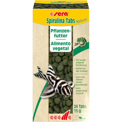 sera Spirulina Tabs Nature ist das Pflanzenfutter aus Hafttabletten, das ohne Farb- und Konservierungsstoffe auskommt. Es eignet sich hervorragend für vorwiegend herbivore Fische und Wirbellose im Süß- und Meerwasser