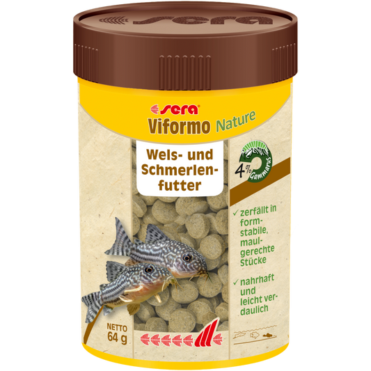 sera Viformo Nature ist das Welsfutter ohne Farb- und Konservierungsstoffe aus schonend hergestellten Tabs für gründelnde Welse und andere Bodenfische.