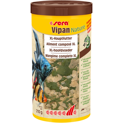 sera Vipan Nature ist das Hauptfutter aus schwimmenden Flocken ohne Farb- und Konservierungsstoffe für alle an der Wasseroberfläche fressenden Zierfische.