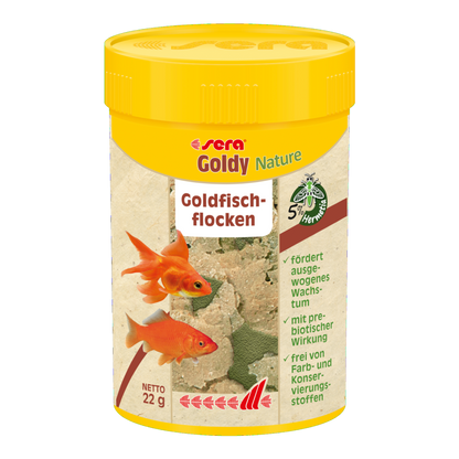 sera Goldy Nature ist das Hauptfutter für kleinere Goldfische und ihre Zuchtformen wie z. B. Shubunkin, Schleierschwanz oder Sarasa und andere Kaltwasserfische, das ohne Farb- und Konservierungsstoffe auskommt.