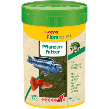 sera Flora Nature ist das Pflanzenfutter für alle an der Wasseroberfläche fressenden, herbivoren Zierfische, das ohne Farb- und Konservierungsstoffe auskommt.
