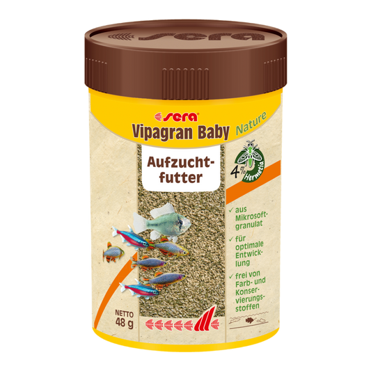 sera Vipagran Baby Nature ist das Aufzuchtfutter ohne Farb- und Konservierungsstoffe aus schonend hergestelltem Mikrosoftgranulat für alle in der mittleren Wasserschicht fressenden Jungfische.