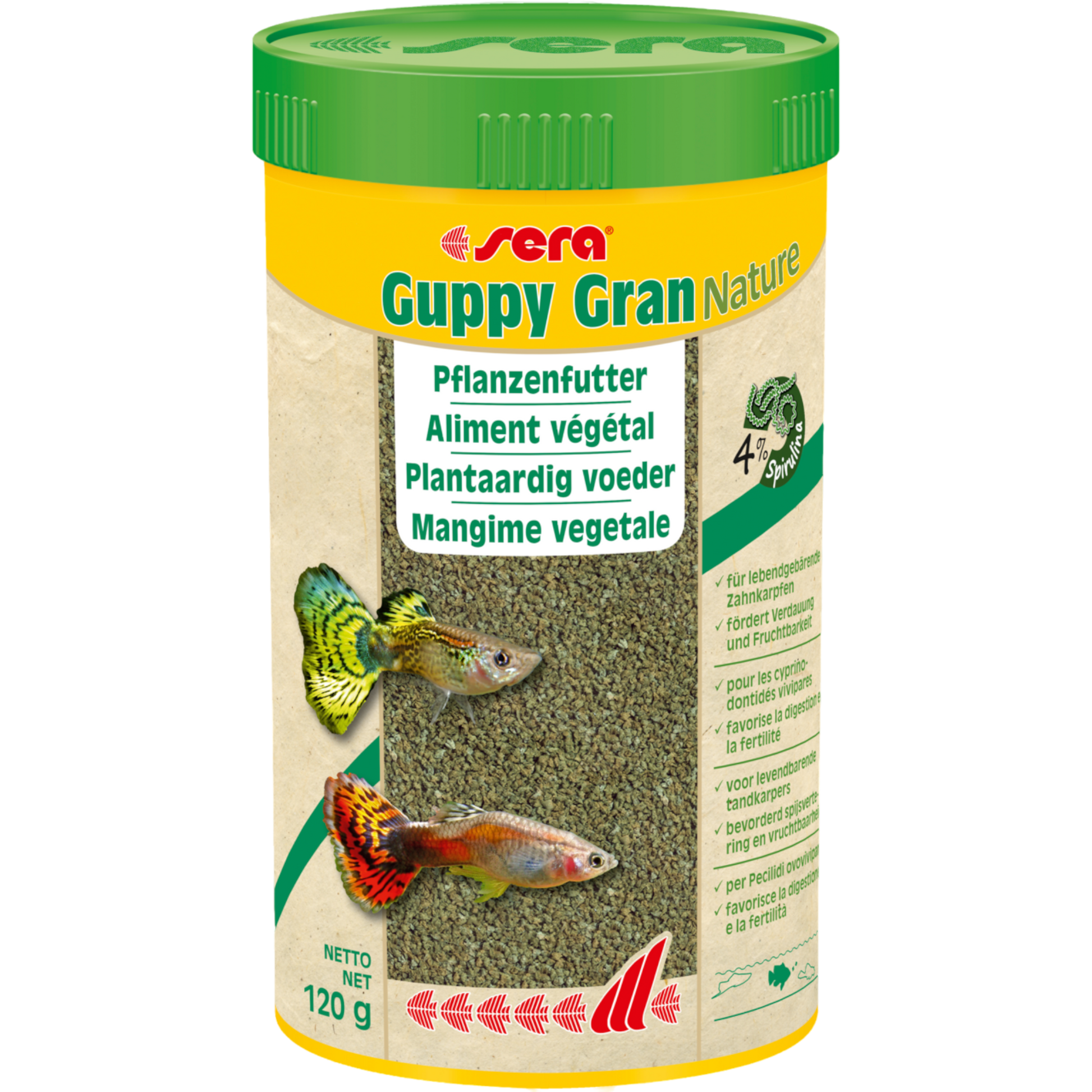 sera Guppy Gran Nature ist das Pflanzenfutter aus schonend hergestelltem Softgranulat ohne Farb- und Konservierungsstoffe für alle vorwiegend herbivoren, in der mittleren Wasserzone fressenden Fische wie z. B. Guppys.