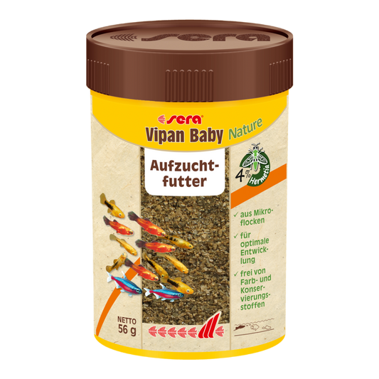 sera Vipan Baby Nature ist das Aufzuchtfutter ohne Farb- und Konservierungsstoffe aus schonend hergestellten Mikroflocken für alle an der Wasseroberfläche fressenden Jungfische.