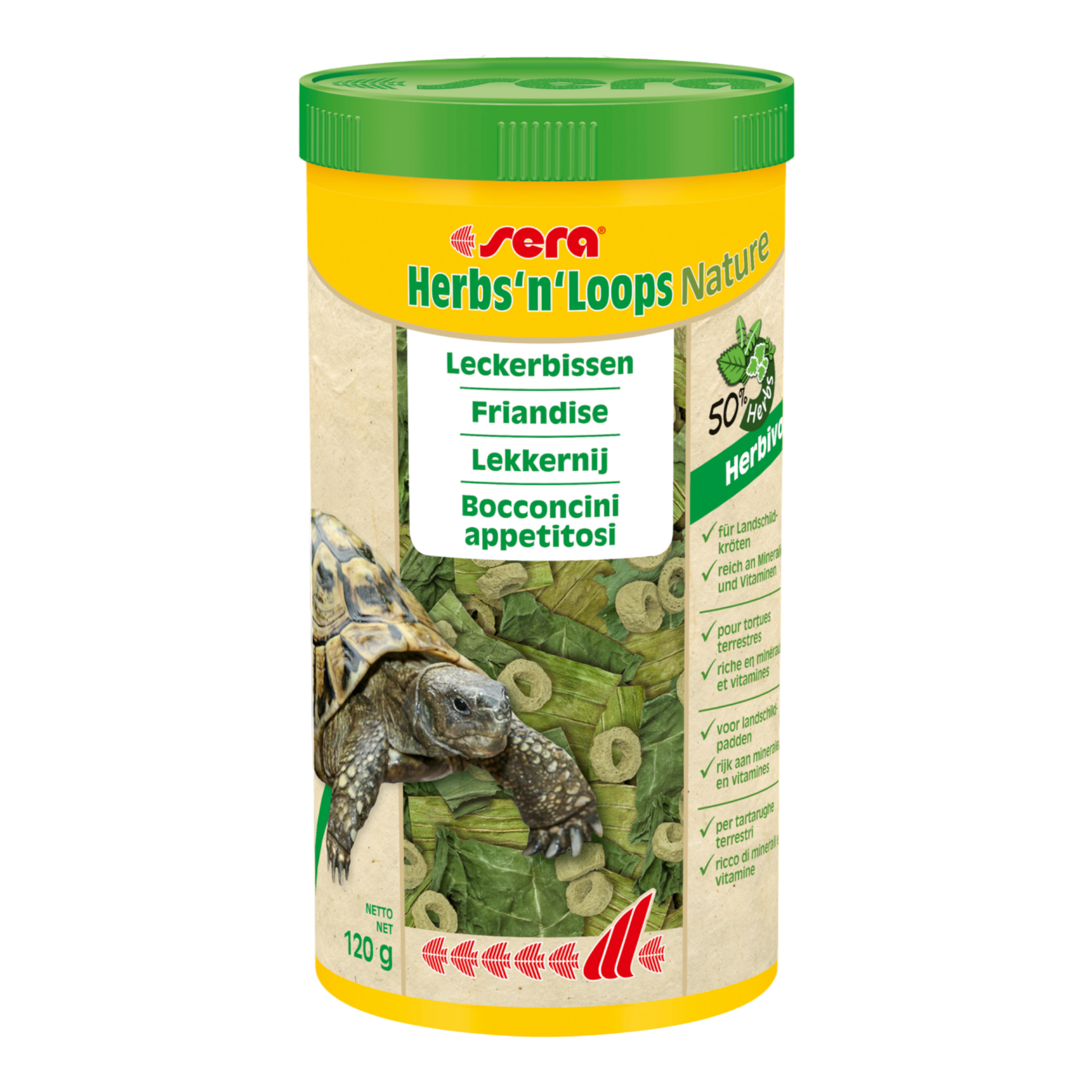 sera Herbs'n'Loops Nature ist der Leckerbissen ohne Farb- und Konservierungsstoffe aus einer Mischung von getrockneten Kräutern (50 %) und schonend hergestellten Loops für Landschildkröten und andere herbivore Reptilien.