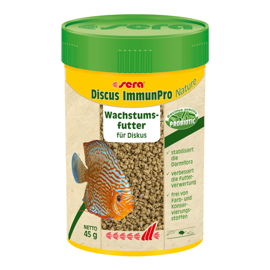 sera Diskus ImmunPro Nature ist das Wachstumsfutter ohne Farb- und Konservierungsstoffe aus Softgranulat für alle Diskusfische.