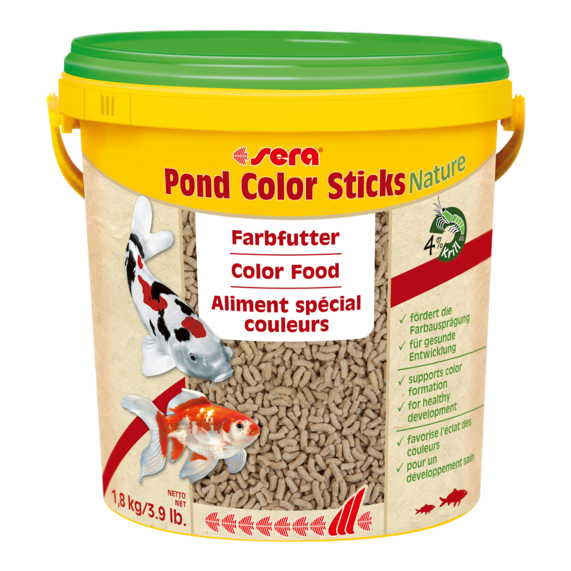 sera Pond Color Sticks Nature ist das Farbfutter aus schonend hergestelltem Granulat ohne Farb- und Konservierungsstoffe für Teichfische.