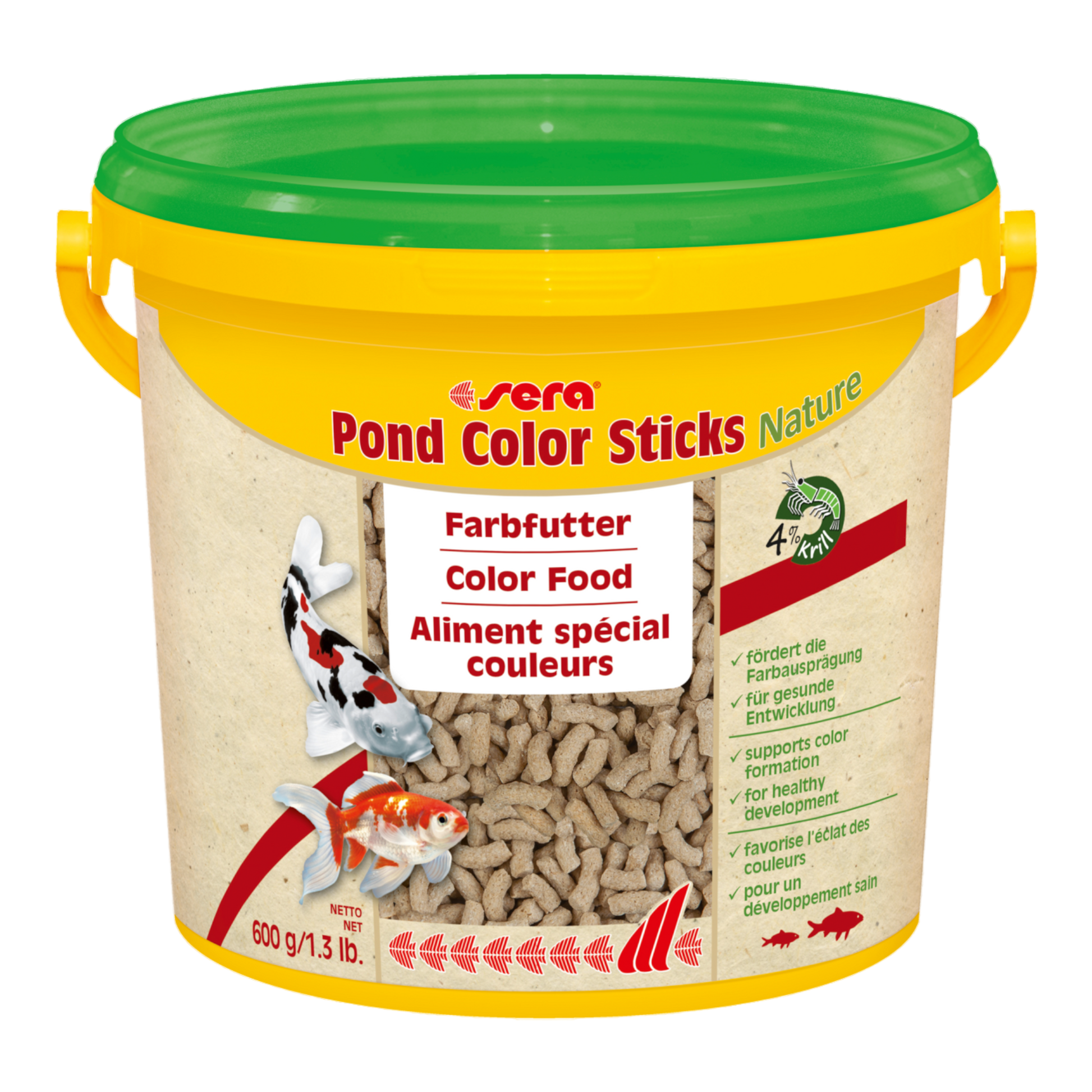 sera Pond Color Sticks Nature ist das Farbfutter aus schonend hergestelltem Granulat ohne Farb- und Konservierungsstoffe für Teichfische.