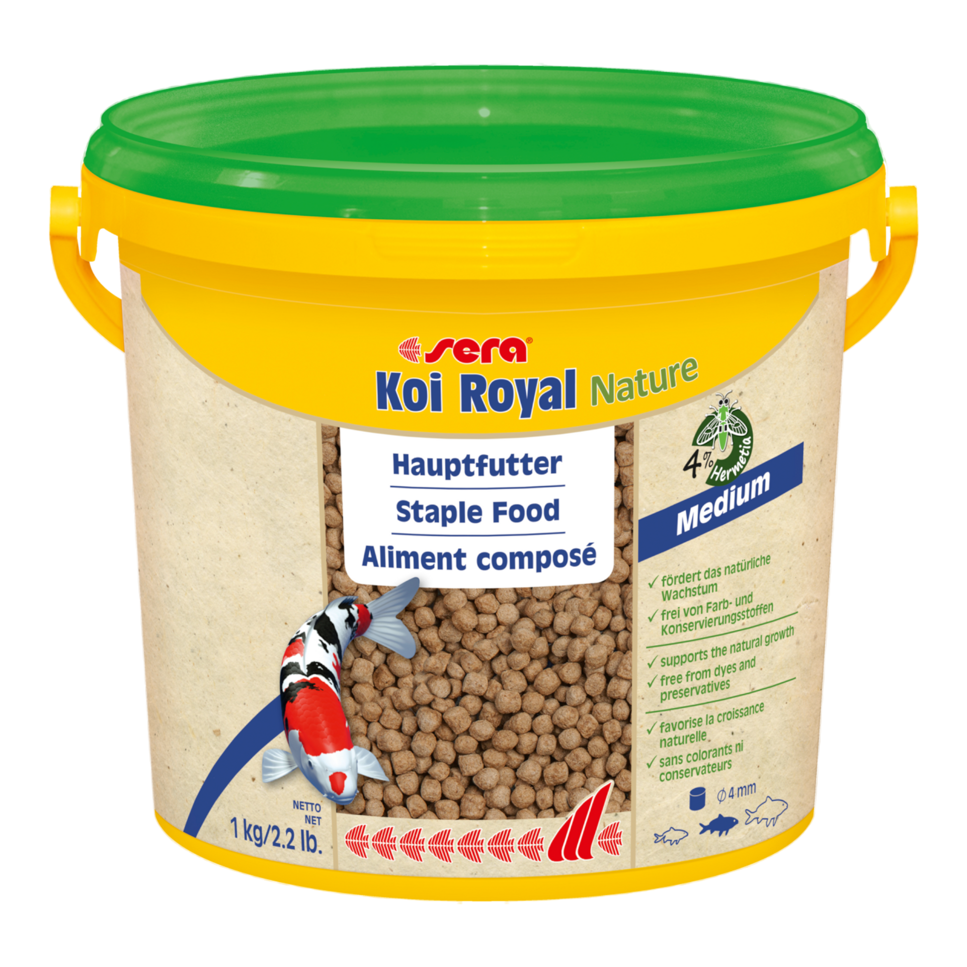 sera Koi Royal Nature Medium (4 mm) ist das Hauptfutter aus schonend hergestelltem Granulat ohne Farb- und Konservierungsstoffe.