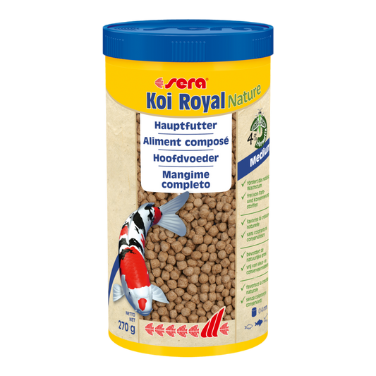 sera Koi Royal Nature Medium (4 mm) ist das Hauptfutter aus schonend hergestelltem Granulat ohne Farb- und Konservierungsstoffe.