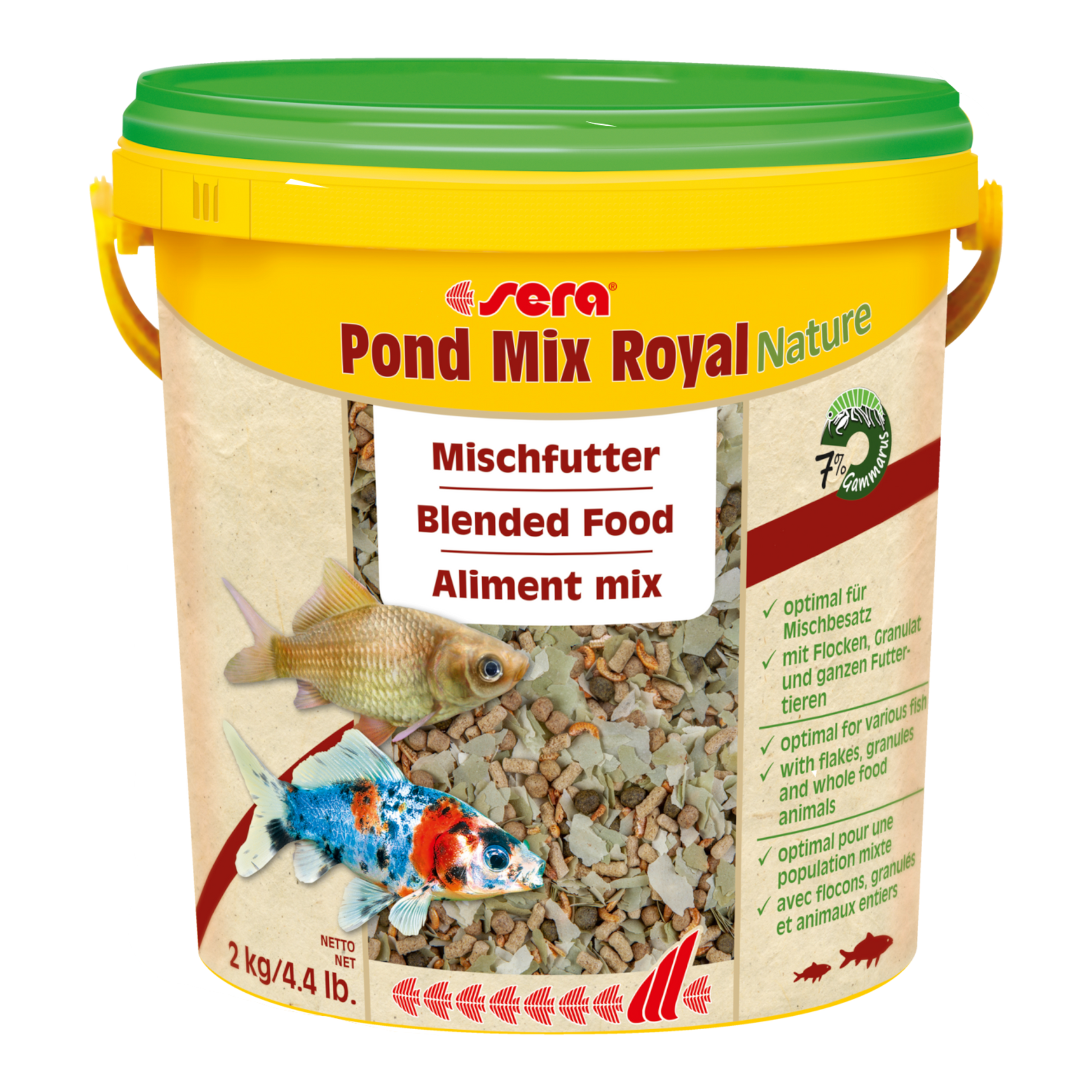 sera Pond Mix Royal Nature ist das Hauptfutter aus schonend hergestellten Flocken, Granulaten und ganzen Gammarus zur ganzjährigen Fütterung in Teichen mit gemischtem Besatz. Natürlich frei von Farb- und Konservierungsstoffen.