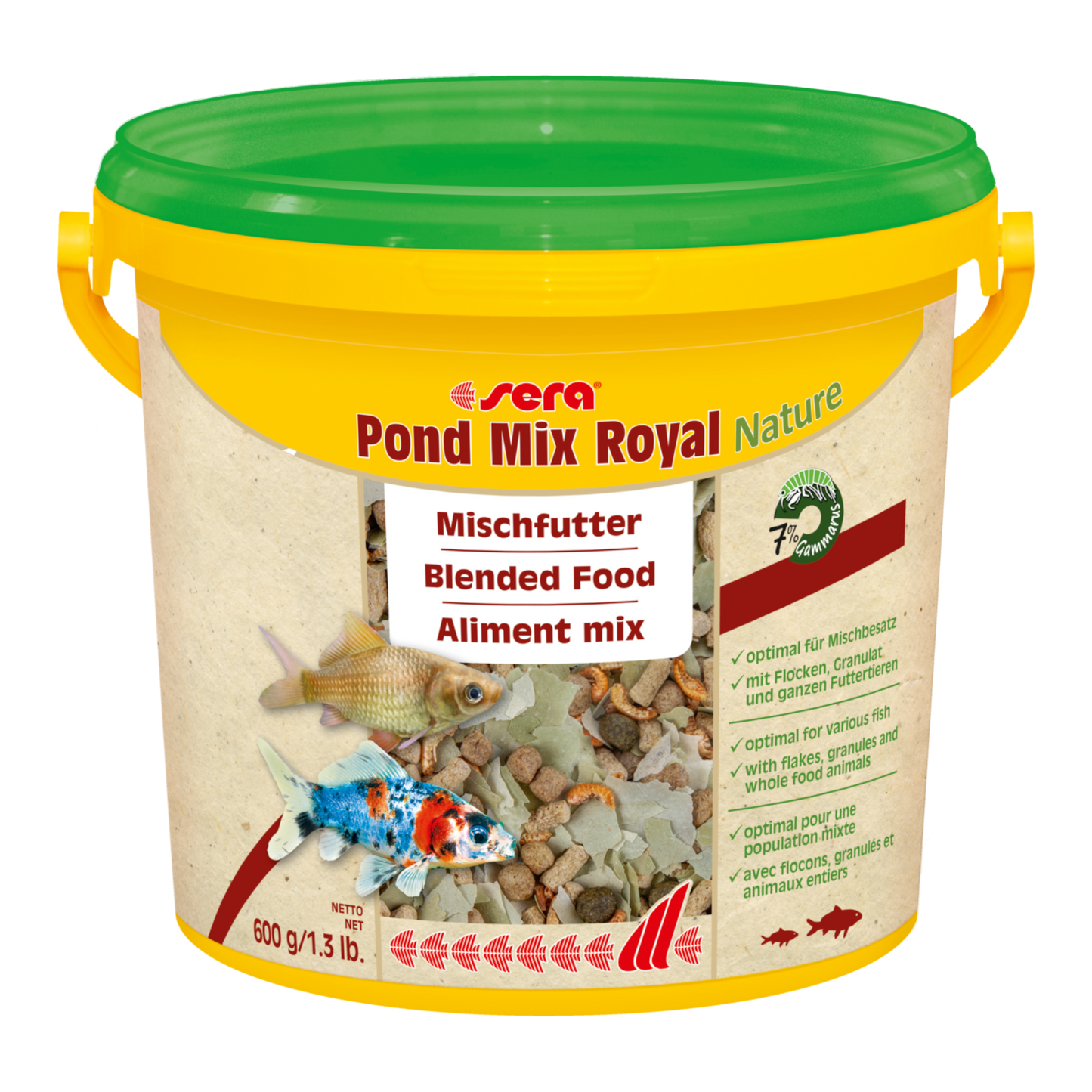 sera Pond Mix Royal Nature ist das Hauptfutter aus schonend hergestellten Flocken, Granulaten und ganzen Gammarus zur ganzjährigen Fütterung in Teichen mit gemischtem Besatz. Natürlich frei von Farb- und Konservierungsstoffen.