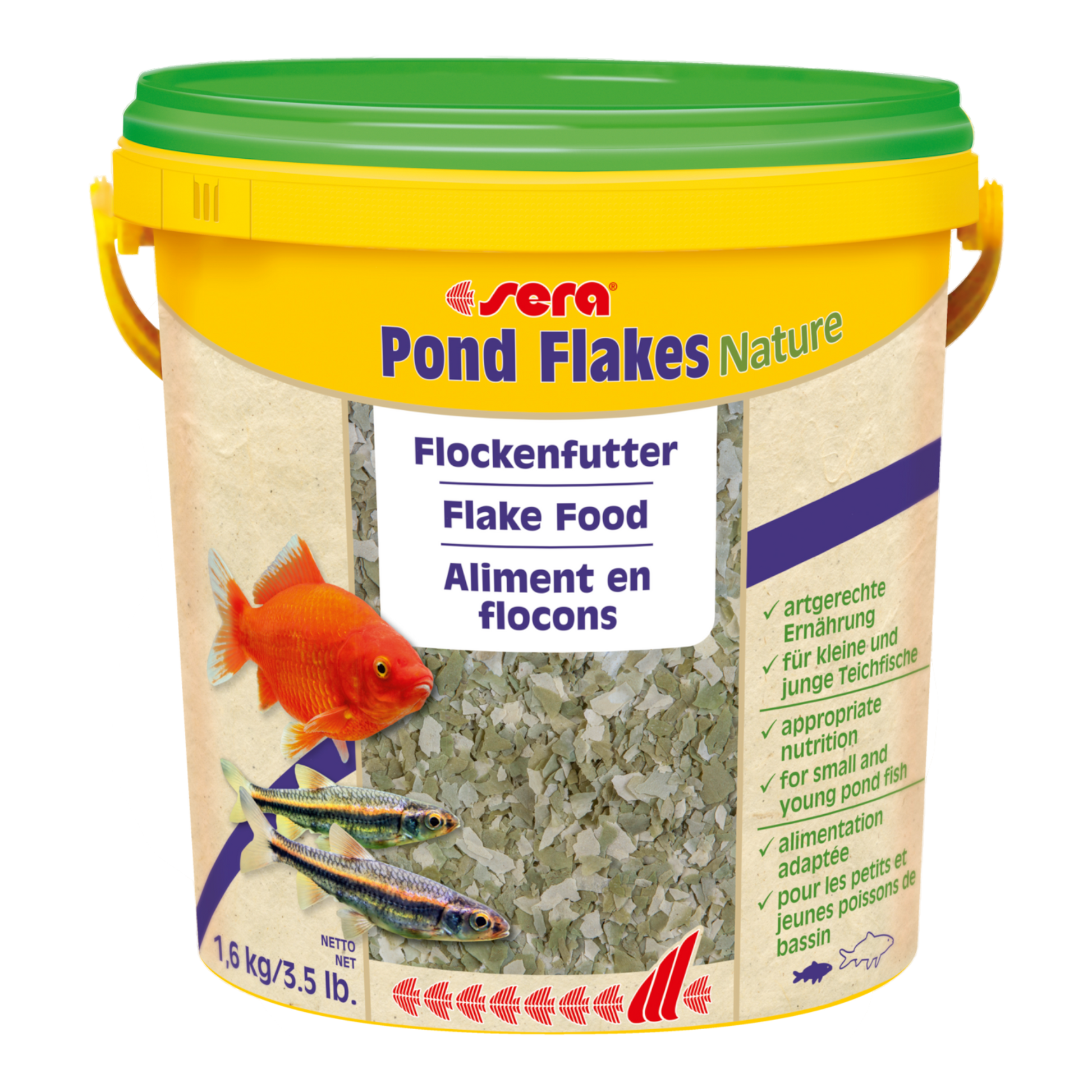 sera Pond Flakes Nature ist das Hauptfutter aus schonend hergestellten Flocken ohne Farb- und Konservierungsstoffe für alle kleineren Teichfische wie Goldfische und Bitterlinge sowie für Jungfische.