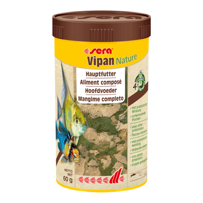  sera Vipan Nature ist das Hauptfutter aus schwimmenden Flocken ohne Farb- und Konservierungsstoffe für alle an der Wasseroberfläche fressenden Zierfische. Mit Insektenmehl enthält es eine hochwertige Proteinquelle, die zusätzlich ressourcenschonend ist. 