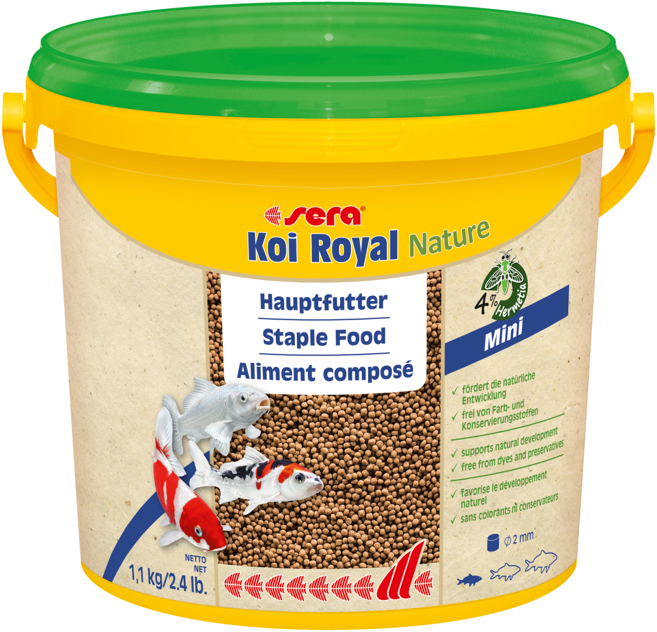 sera Koi Royal Nature Mini (2 mm) ist das Hauptfutter aus schonend hergestelltem Granulat ohne Farb- und Konservierungsstoffe.