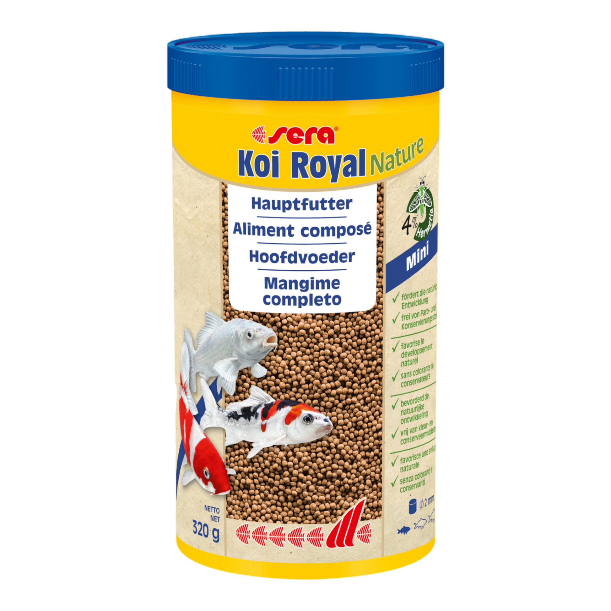 sera Koi Royal Nature Mini (2 mm) ist das Hauptfutter aus schonend hergestelltem Granulat ohne Farb- und Konservierungsstoffe.