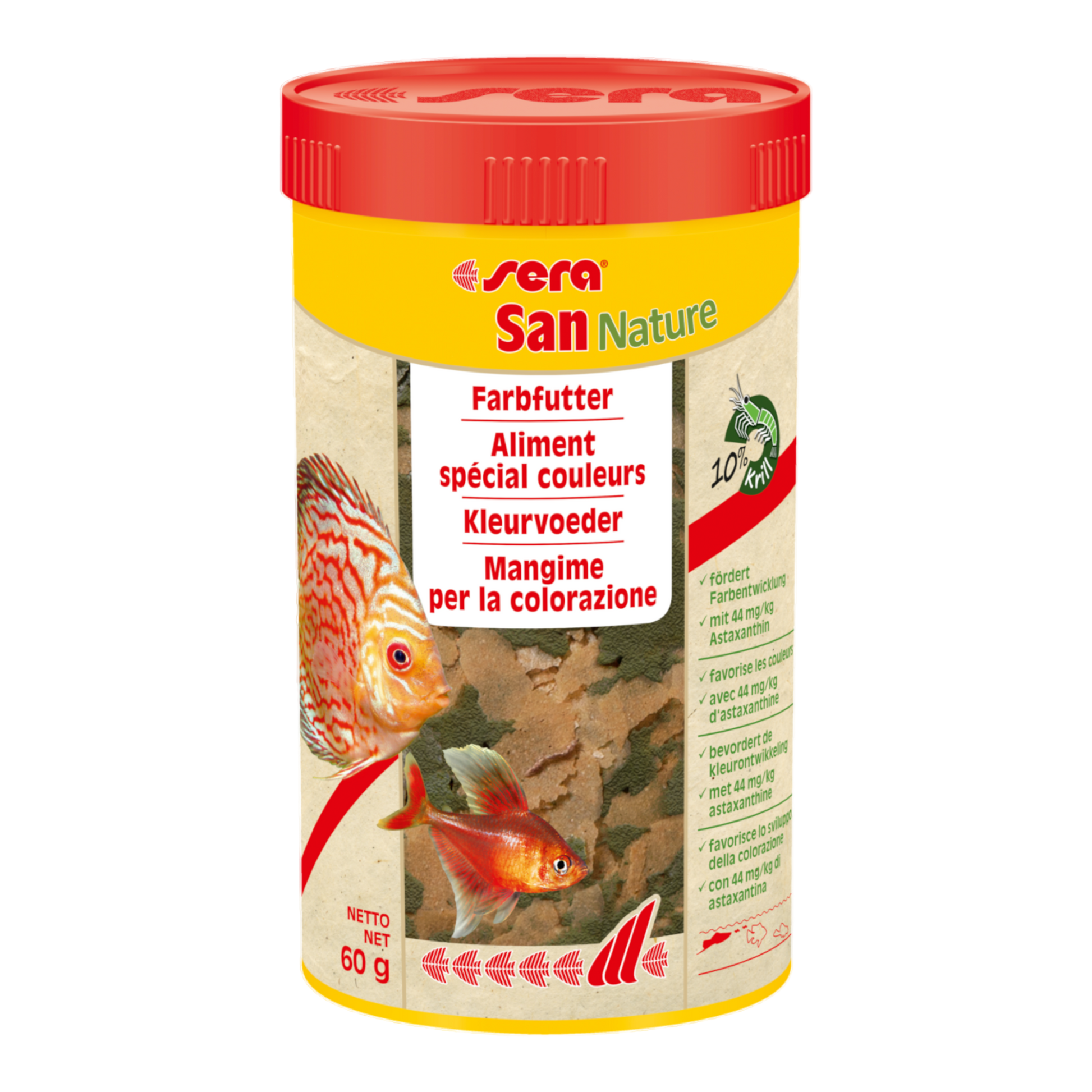 sera San Nature ist das Farbfutter ohne Farb- und Konservierungsstoffe für alle an der Oberfläche fressenden Zierfische.
