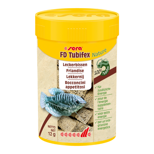 sera FD Tubifex Nature ist der natürliche Leckerbissen aus 100 % Tubifex. Die Bachröhrenwürmer gehören zum normalen Nahrungsspektrum zahlreicher vorwiegend Fleisch fressender Fischarten.