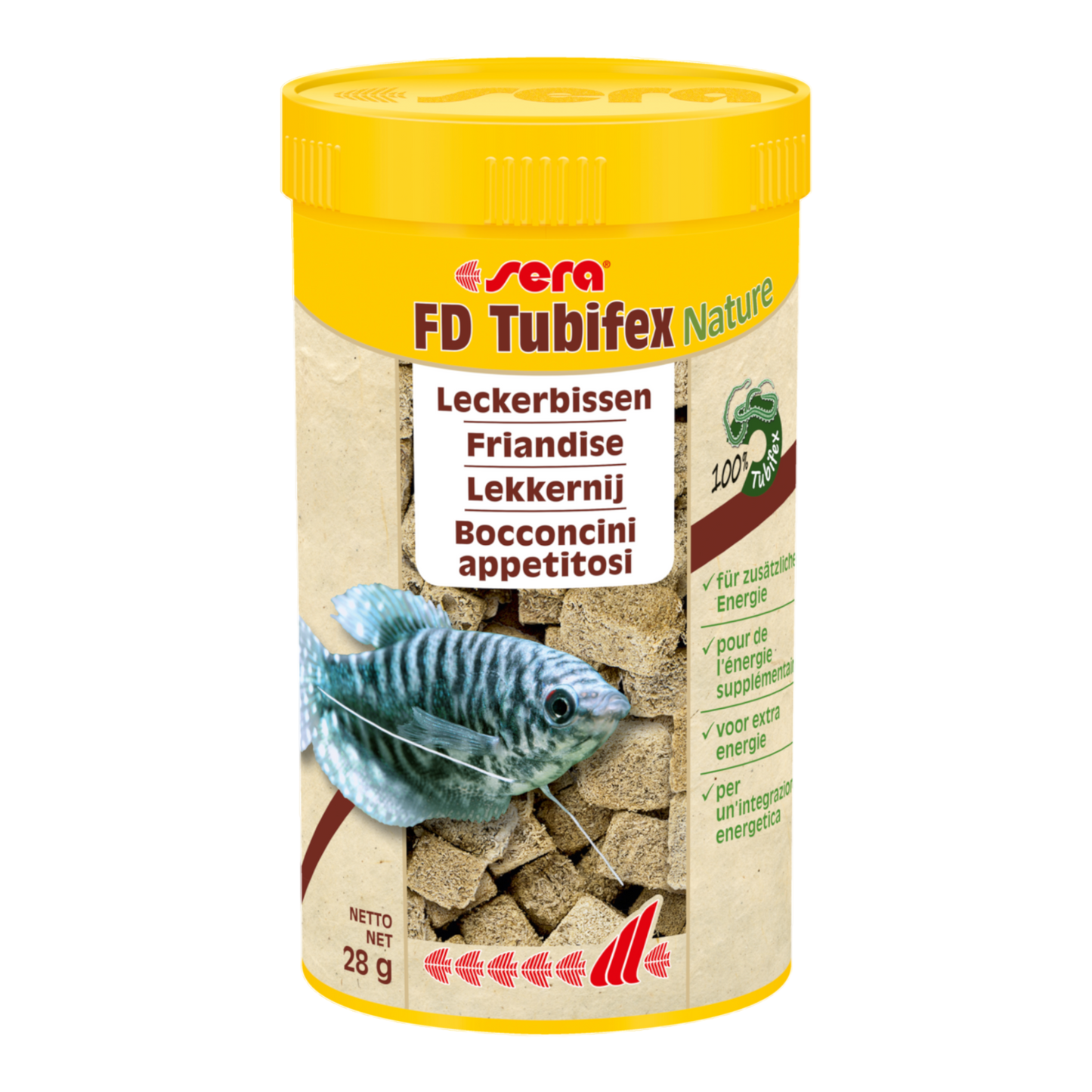 sera FD Tubifex Nature ist der natürliche Leckerbissen aus 100 % Tubifex. Die Bachröhrenwürmer gehören zum normalen Nahrungsspektrum zahlreicher vorwiegend Fleisch fressender Fischarten.