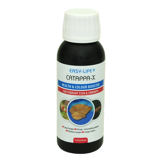 CATAPPA - X  Seemandelbaumblätter werden wegen der positiven Wirkung auf Fische und Garnelen in das Aquariumwasser gegeben. Catappa-X ist die effektive flüssige Variante.