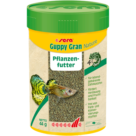sera Guppy Gran Nature ist das Pflanzenfutter aus schonend hergestelltem Softgranulat ohne Farb- und Konservierungsstoffe für alle vorwiegend herbivoren, in der mittleren Wasserzone fressenden Fische wie z. B. Guppys.