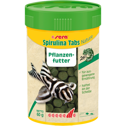 sera Spirulina Tabs Nature ist das Pflanzenfutter aus Hafttabletten, das ohne Farb- und Konservierungsstoffe auskommt. Es eignet sich hervorragend für vorwiegend herbivore Fische und Wirbellose im Süß- und Meerwasser