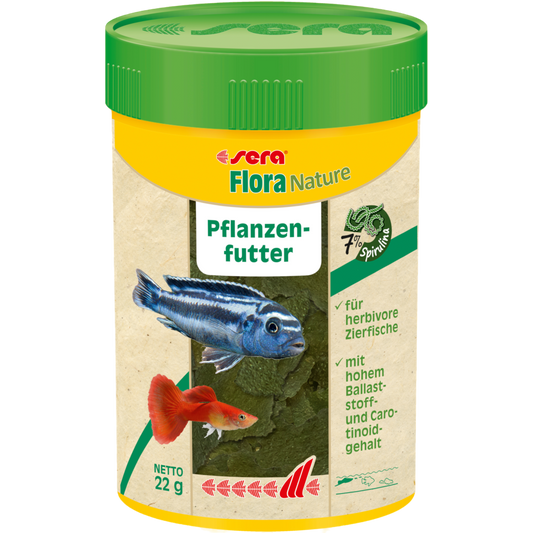 sera Flora Nature ist das Pflanzenfutter für alle an der Wasseroberfläche fressenden, herbivoren Zierfische, das ohne Farb- und Konservierungsstoffe auskommt.