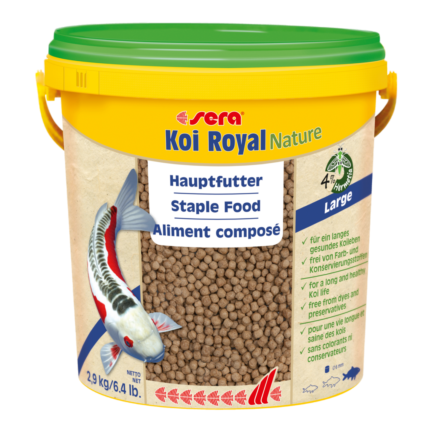 sera Koi Royal Nature Large (6 mm) ist das Hauptfutter aus schonend hergestelltem Granulat ohne Farb- und Konservierungsstoffe.Wertvolle Inhaltsstoffe wie Omega-Fettsäuren und immunstimulierende Mannan-Oligosaccharide unterstützen die gesunde Entwicklung und Abwehrkräfte bis ins hohe Alter.