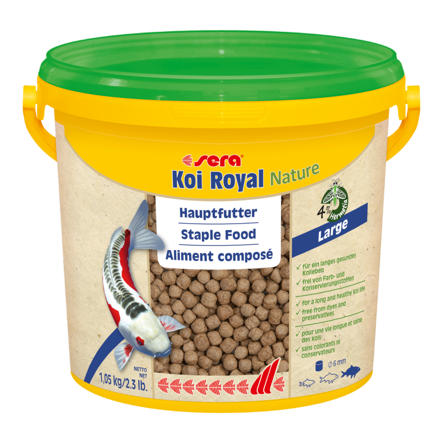 sera Koi Royal Nature Large (6 mm) ist das Hauptfutter aus schonend hergestelltem Granulat ohne Farb- und Konservierungsstoffe.Wertvolle Inhaltsstoffe wie Omega-Fettsäuren und immunstimulierende Mannan-Oligosaccharide unterstützen die gesunde Entwicklung und Abwehrkräfte bis ins hohe Alter.