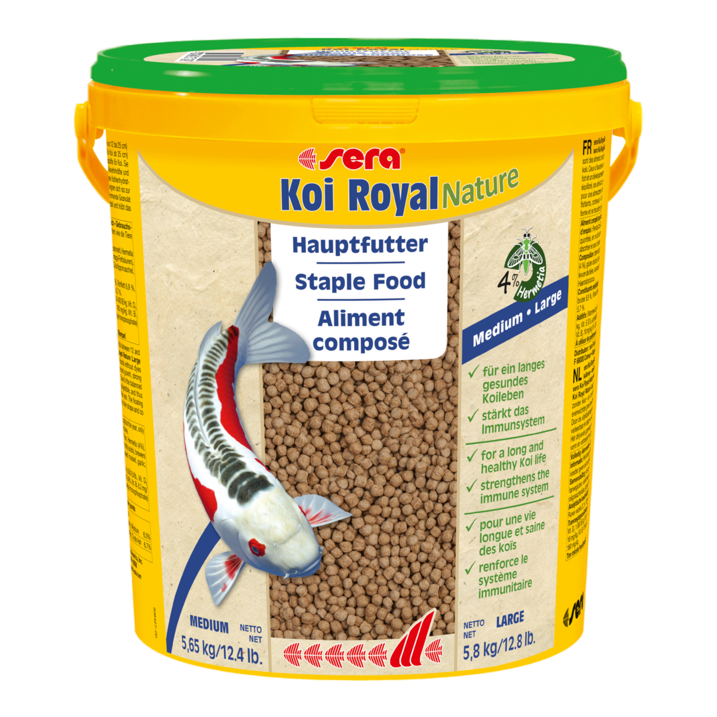 sera Koi Royal Nature Large (6 mm) ist das Hauptfutter aus schonend hergestelltem Granulat ohne Farb- und Konservierungsstoffe.Wertvolle Inhaltsstoffe wie Omega-Fettsäuren und immunstimulierende Mannan-Oligosaccharide unterstützen die gesunde Entwicklung und Abwehrkräfte bis ins hohe Alter.