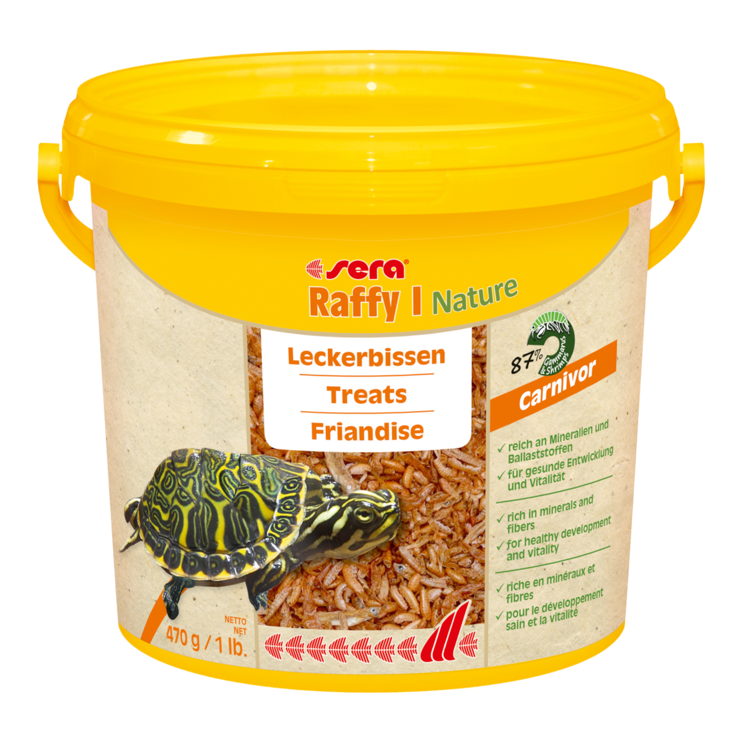 sera Raffy I Nature ist der Leckerbissen ohne Farb- und Konservierungsstoffe aus naturbelassenen, schonend getrockneten Gammarus (43,5 %), Garnelen (43,5 %), kleinen Fischen und Krill für Wasserschildkröten und andere (gelegentlich) Fleisch fressende kleinere Reptilien sowie Amphibien.
