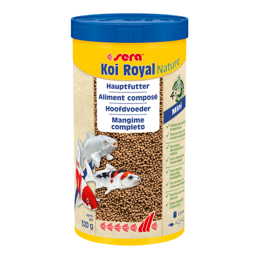 sera Koi Royal Nature Mini (2 mm) ist das Hauptfutter aus schonend hergestelltem Granulat ohne Farb- und Konservierungsstoffe.